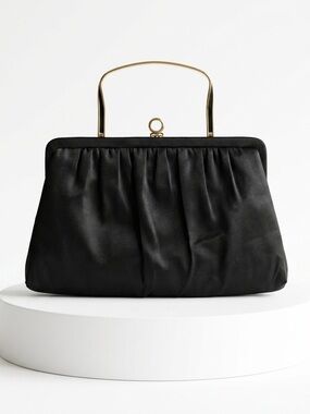 After Five Vintage Black Satin Clutch Gold Enamel Handle Evening Bag